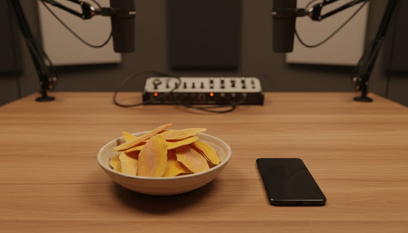 A bowl of dried mango slices on a podcast desk next to a smartphone with a blank screen, in a modern studio setting with microphones in the background, realistic photography with warm overhead lighting.