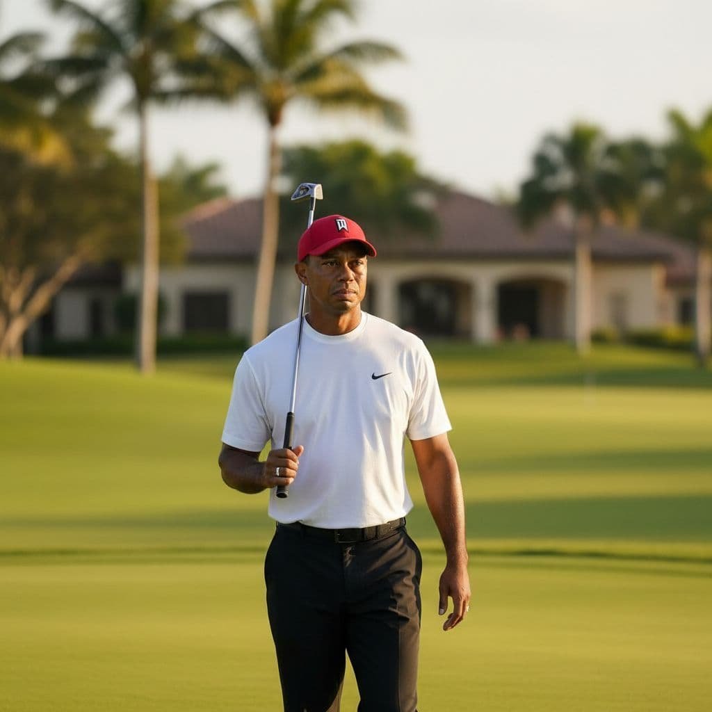 Realistic portrait of Tiger Woods, mid-40s professional golfer with focused expression, on lush green fairway holding golf club relaxed, golden hour sunlight, palm trees and clubhouse background.
